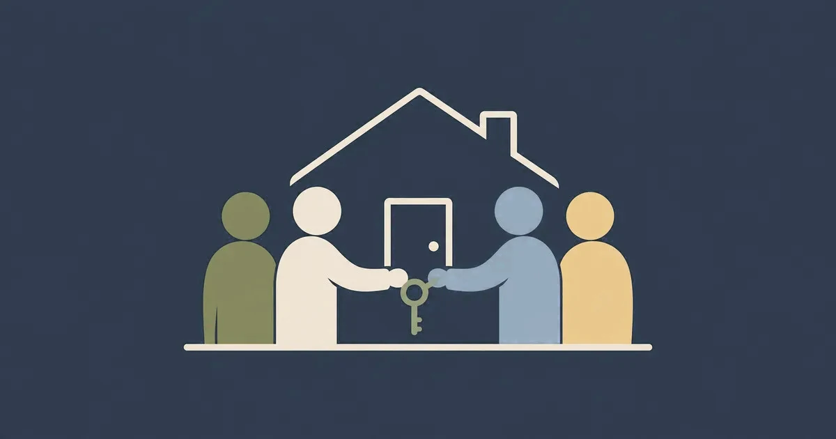 A line drawing of parents and an adult child in front of a home, passing a key, in CoBuy colors
